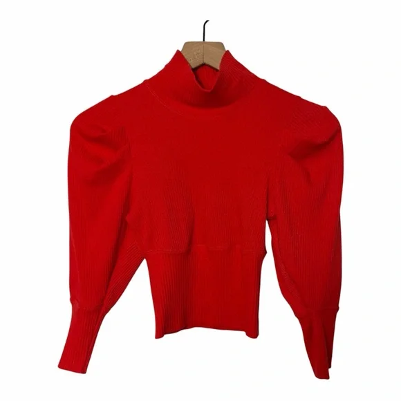 FREE PEOPLE LALA CROP TOP POPPY RED 3/4 PUFF SLEEVE HIGH NECK XS - Picture 2 of 5